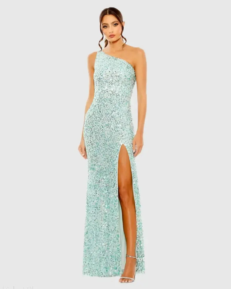 Mac Duggal 10729 Sequin One Shoulder Gown With Slit