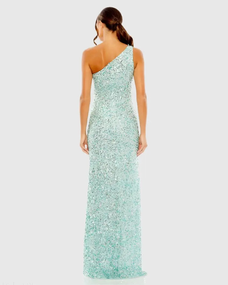 Mac Duggal 10729 Sequin One Shoulder Gown With Slit
