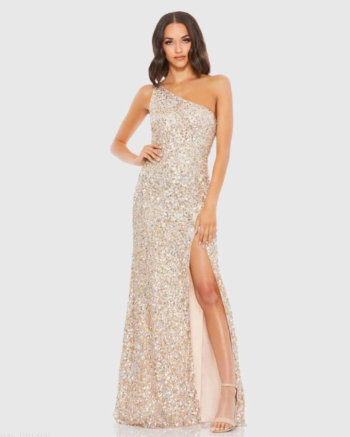 Mac Duggal 10729 Sequin One Shoulder Gown With Slit