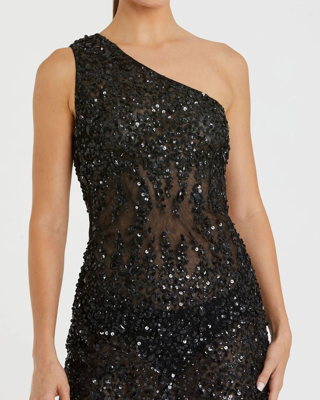 Mac Duggal 10977 One Shoulder Sheer Hand Sequined Mini Dress