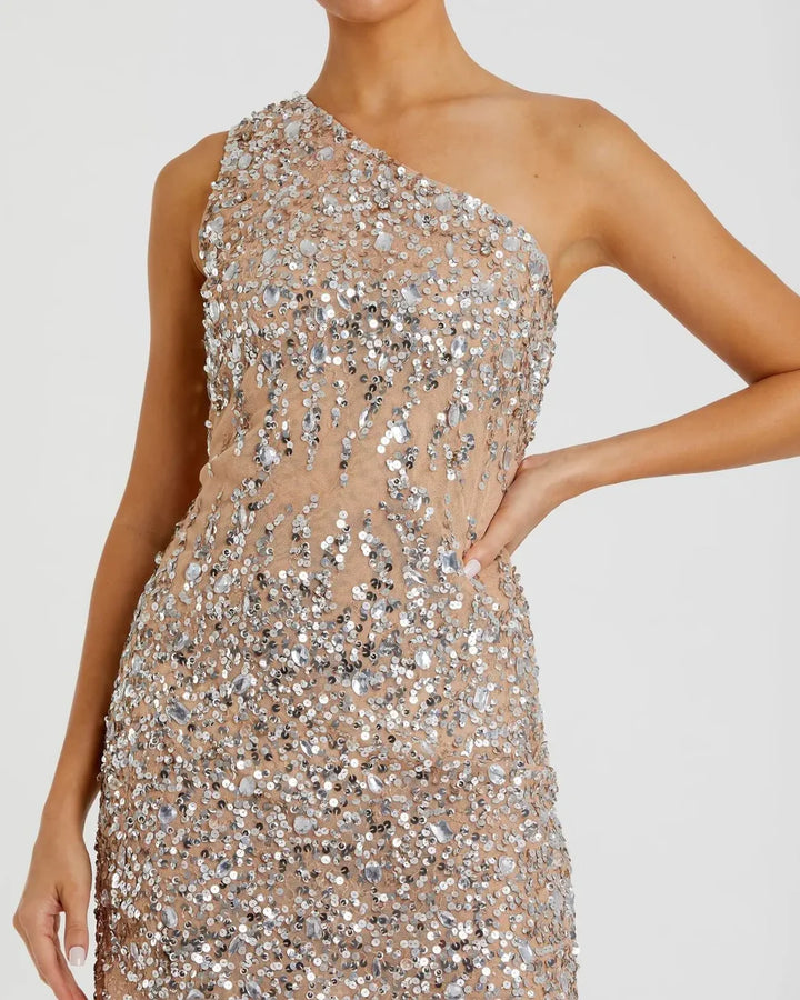 Mac Duggal 10977 One Shoulder Sheer Hand Sequined Mini Dress