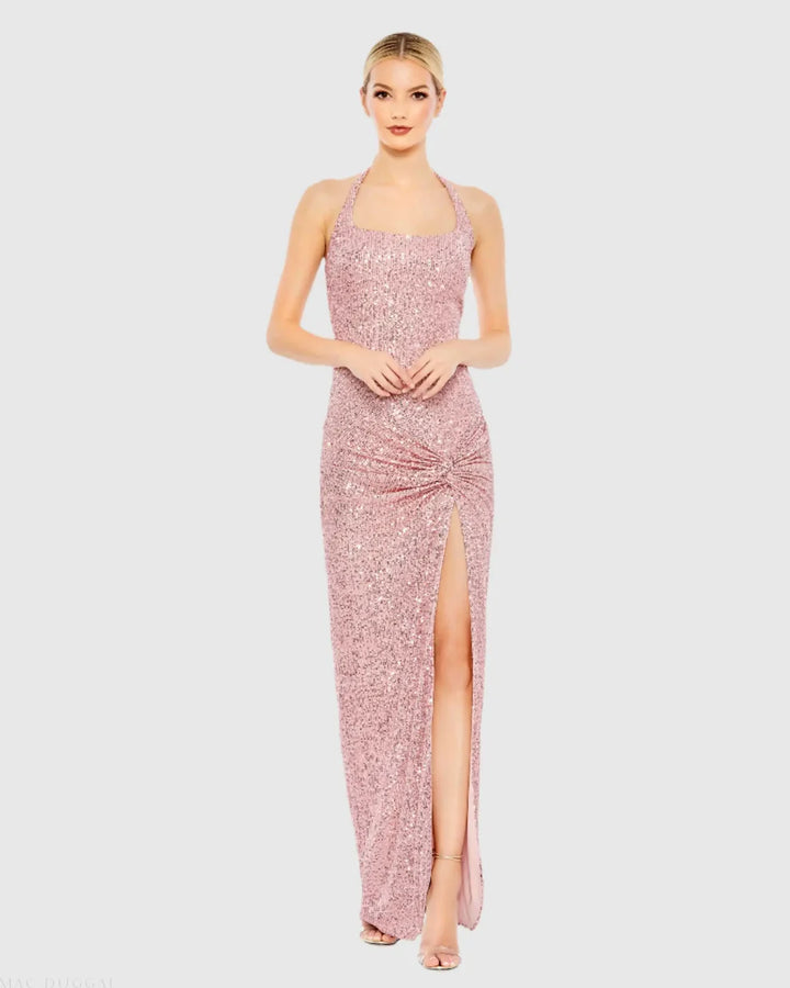 Mac Duggal 11279 Sequined Halter Strap Low Side Knot Gown