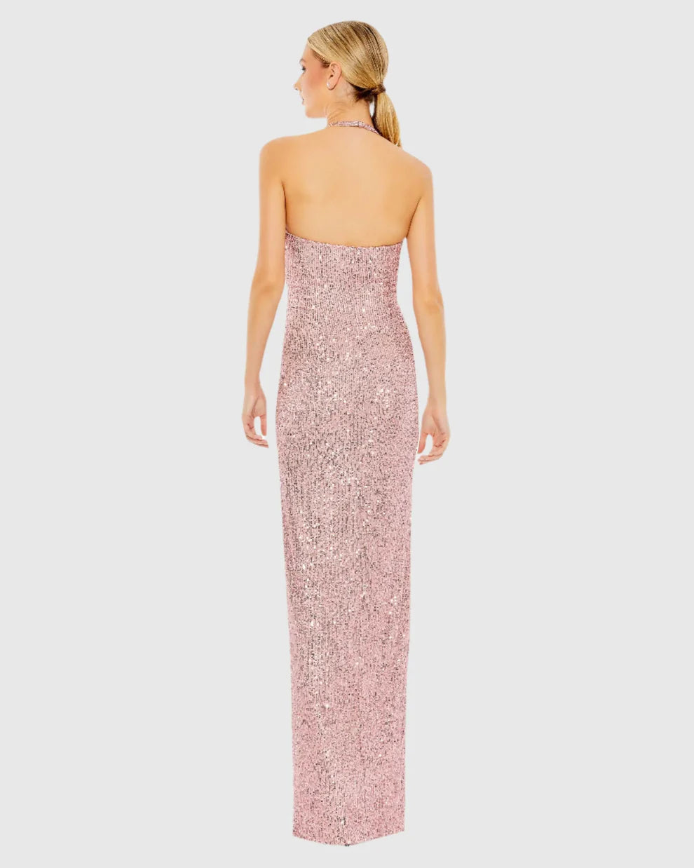Mac Duggal 11279 Sequined Halter Strap Low Side Knot Gown