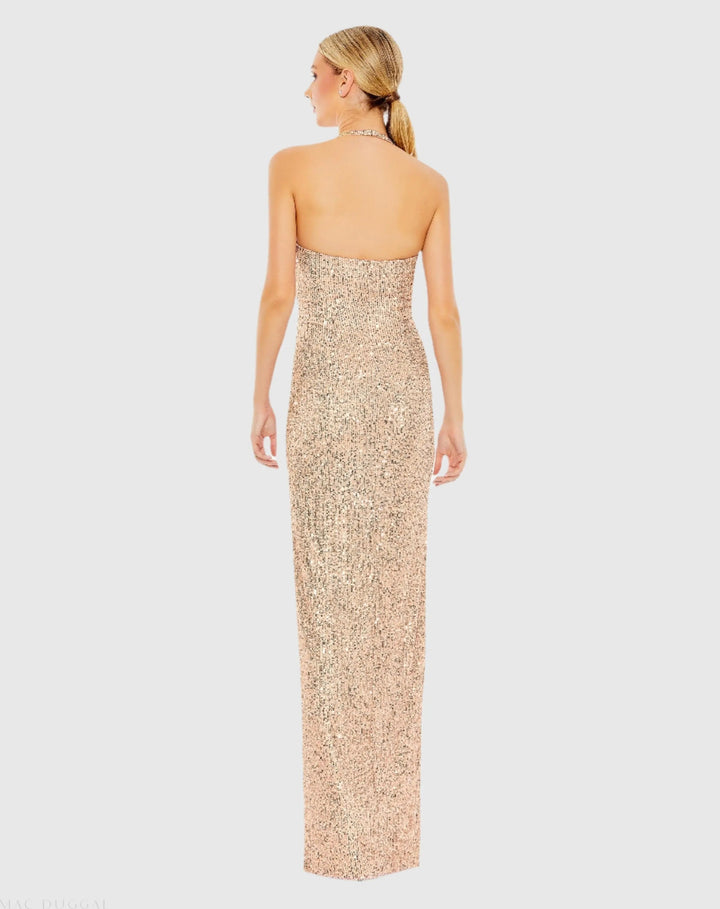 Mac Duggal 11279 Sequined Halter Strap Low Side Knot Gown