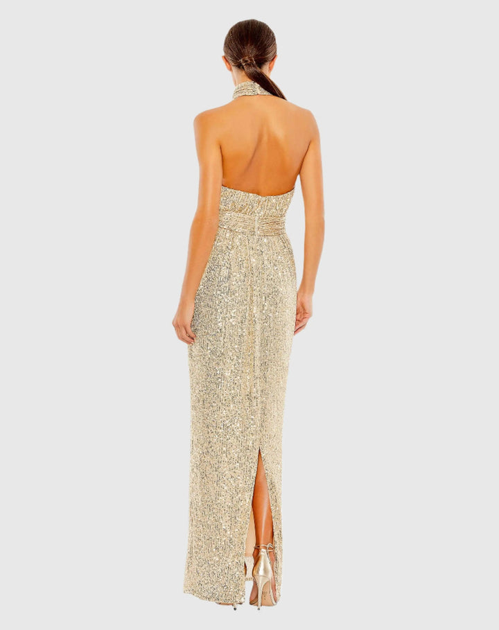 Mac Duggal 11281 Sequin Halter Neck Column Gown With Tie Belt