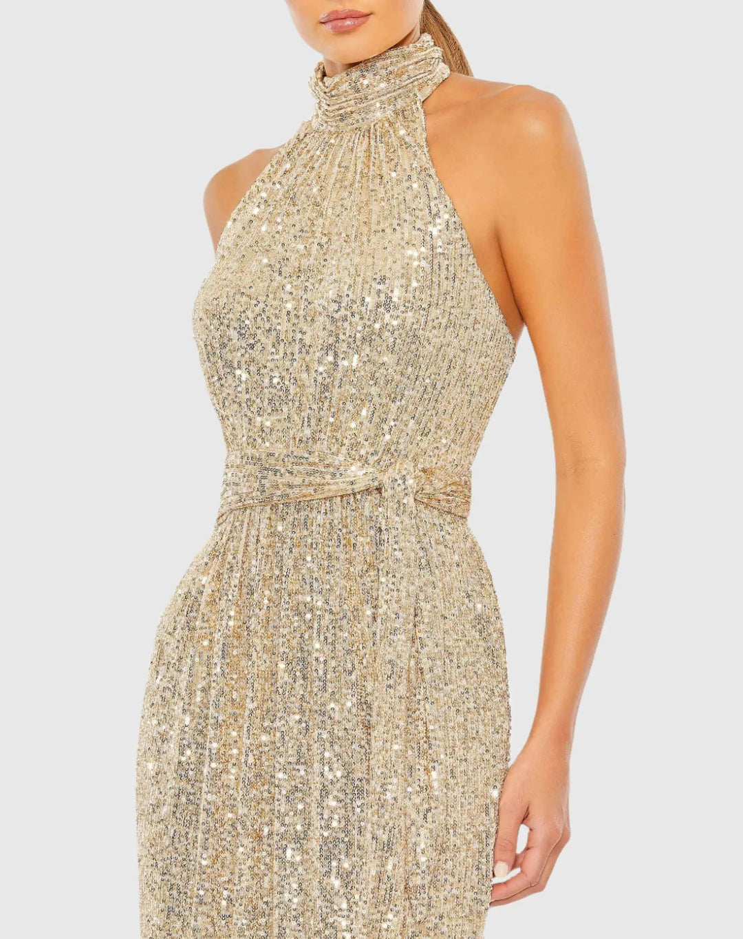 Mac Duggal 11281 Sequin Halter Neck Column Gown With Tie Belt