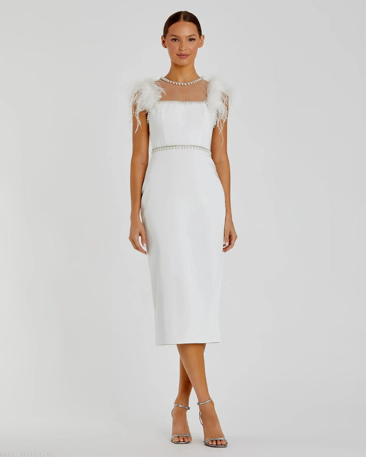 Mac Duggal 11438 lWhite Feather Cap Sleeve Embellished Tea-length Dress