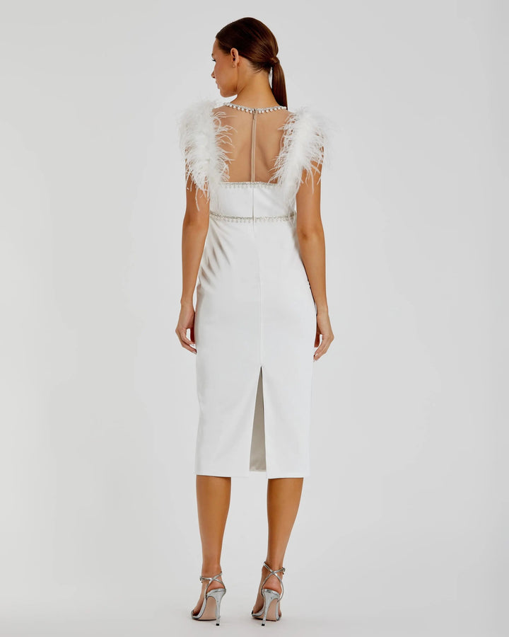 Mac Duggal 11438 lWhite Feather Cap Sleeve Embellished Tea-length Dress