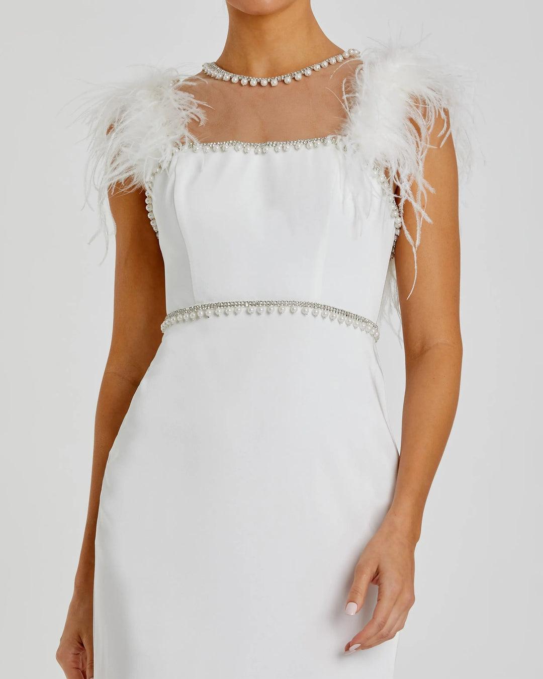 Mac Duggal 11438 lWhite Feather Cap Sleeve Embellished Tea-length Dress
