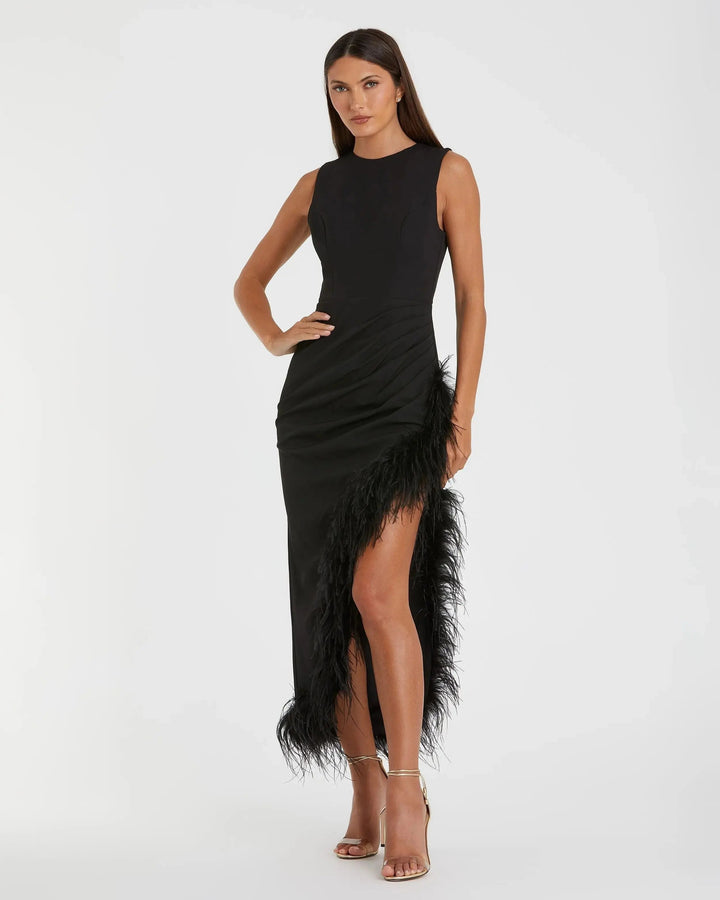 Mac Duggal 11626 Ruched High-Low Sheath Dress with Feather Trim