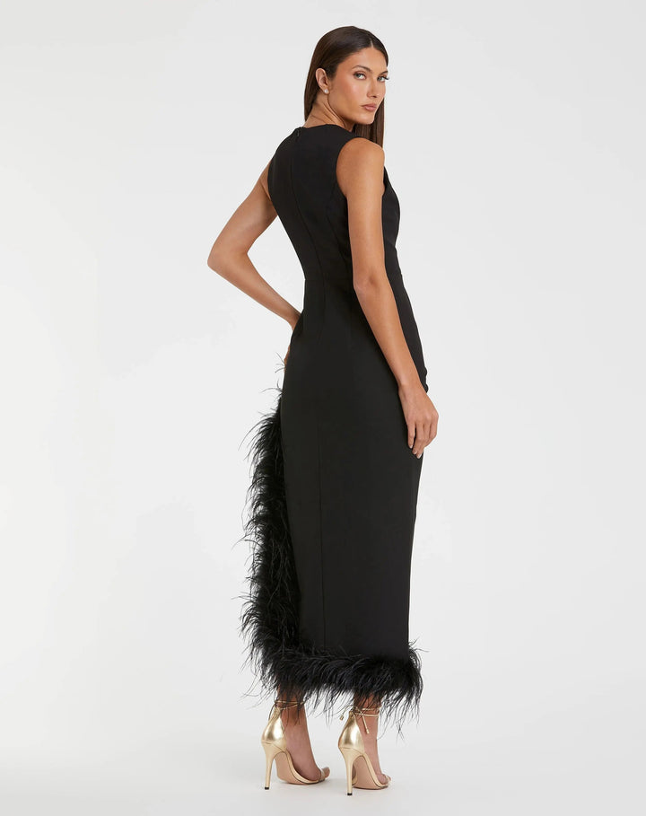 Mac Duggal 11626 Ruched High-Low Sheath Dress with Feather Trim