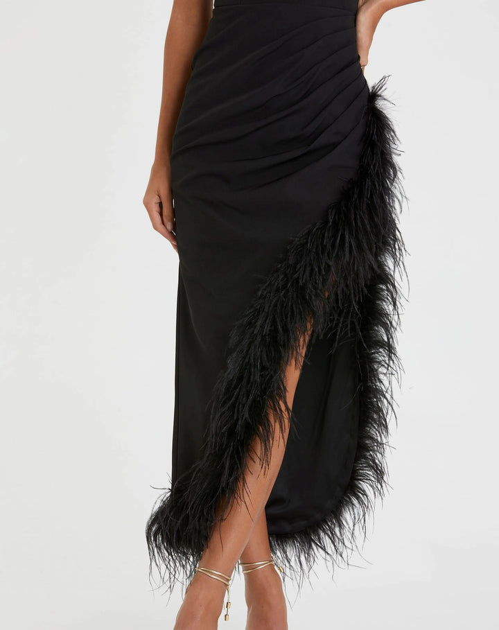 Mac Duggal 11626 Ruched High-Low Sheath Dress with Feather Trim