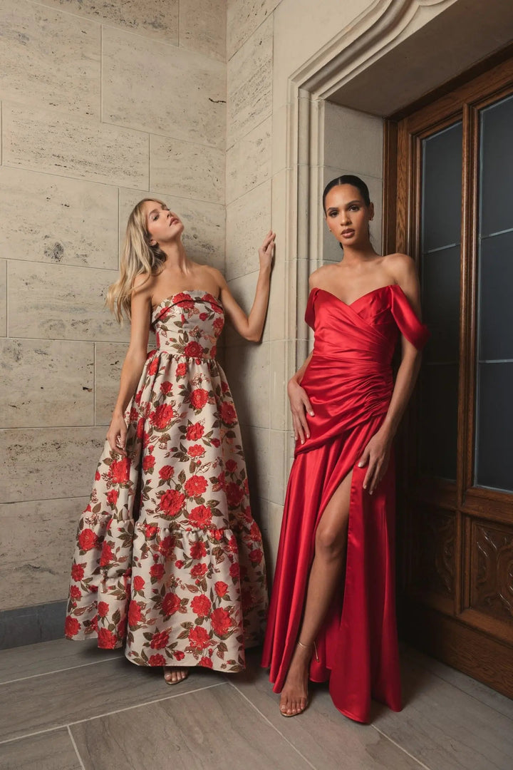 Mac Duggal 56037 Red Satin Off The Shoulder Crossover Gown