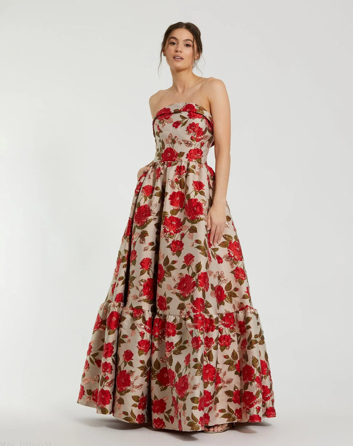 Mac Duggal 11827 Multicolor Brocade Strapless Floral Gown With Ruffle Hem