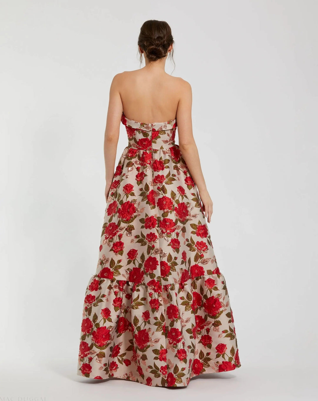 Mac Duggal 11827 Multicolor Brocade Strapless Floral Gown With Ruffle Hem