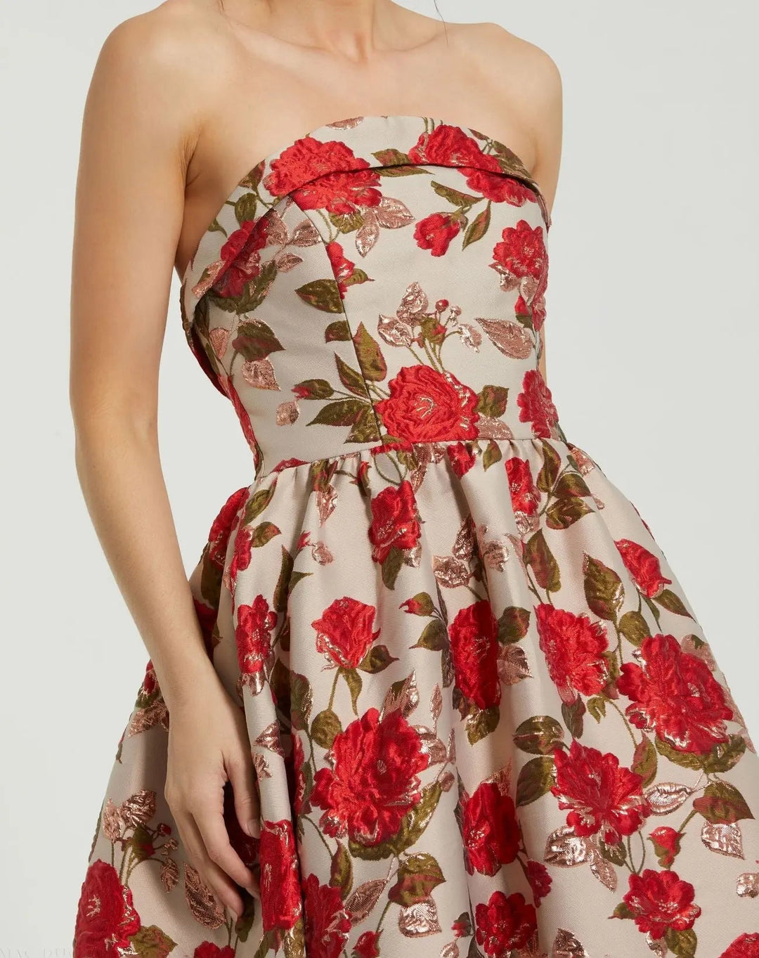 Mac Duggal 11827 Multicolor Brocade Strapless Floral Gown With Ruffle Hem