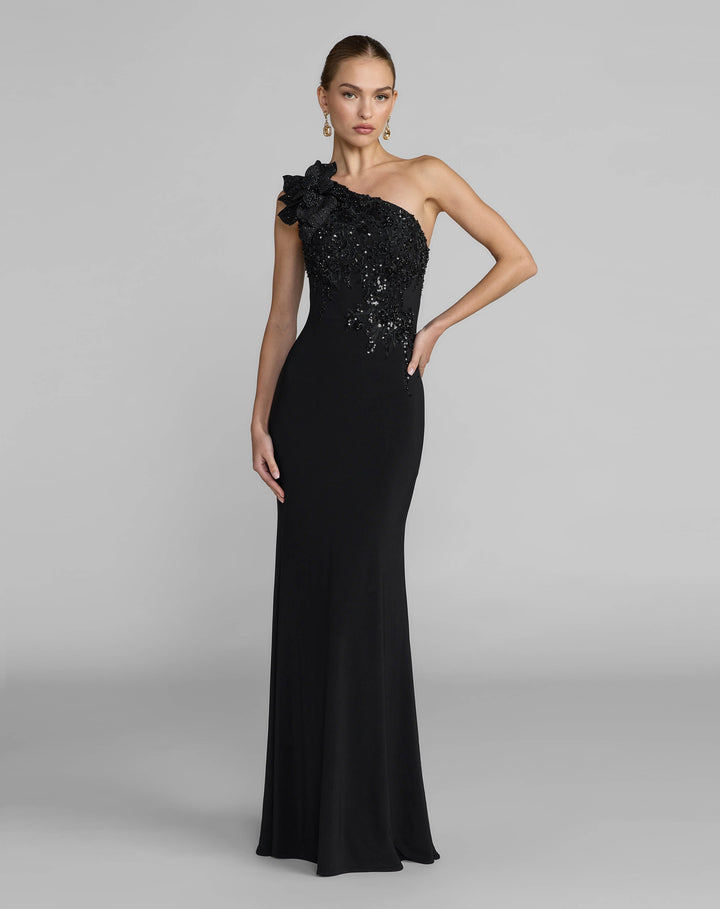 Mac Duggal 11846 Embroidered Jersey One Shoulder Gown with 3D Flower