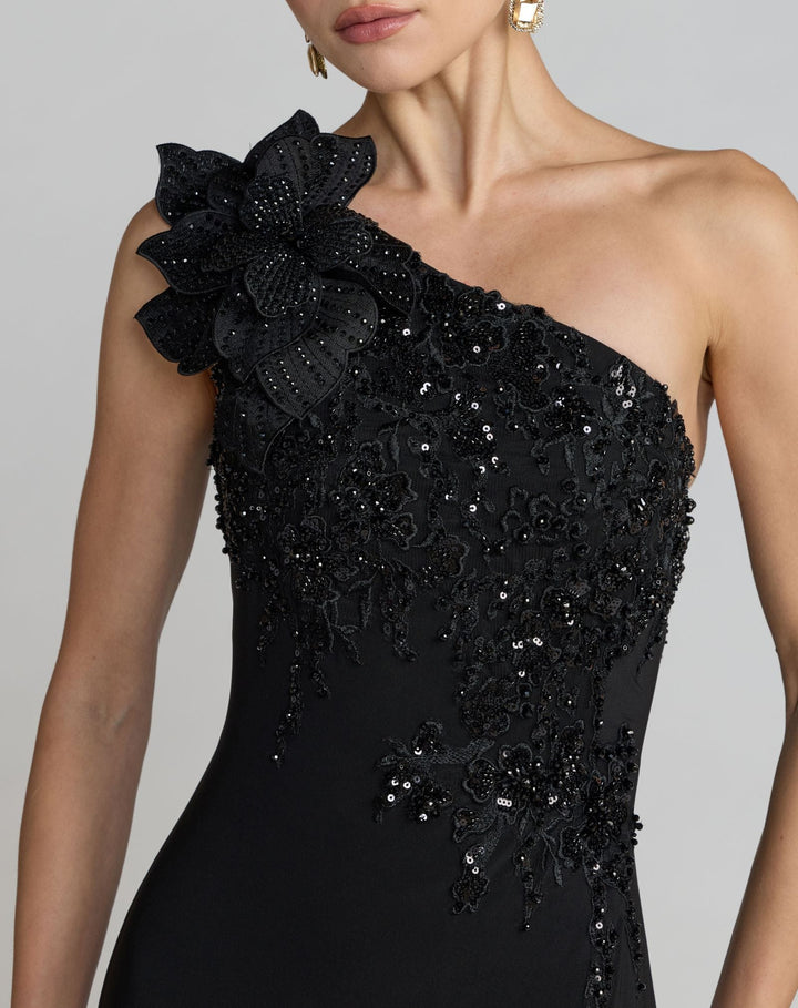 Mac Duggal 11846 Embroidered Jersey One Shoulder Gown with 3D Flower
