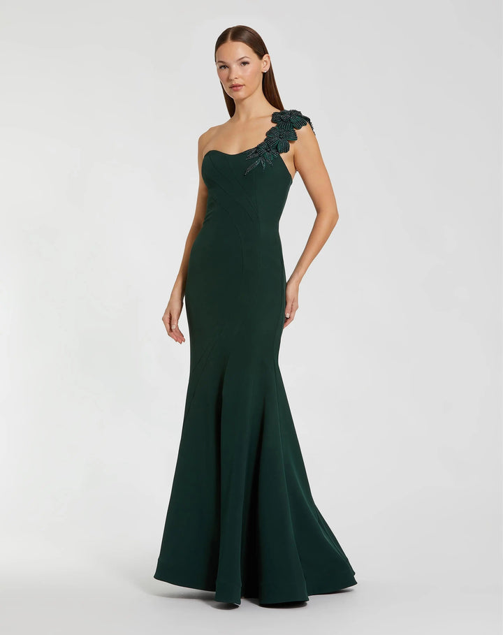 Mac Duggal 11851 Emerald Green One Shoulder Beaded Flower Mermaid Gown
