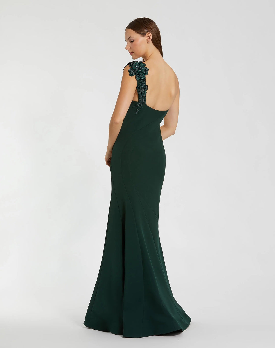 Mac Duggal 11851 Emerald Green One Shoulder Beaded Flower Mermaid Gown