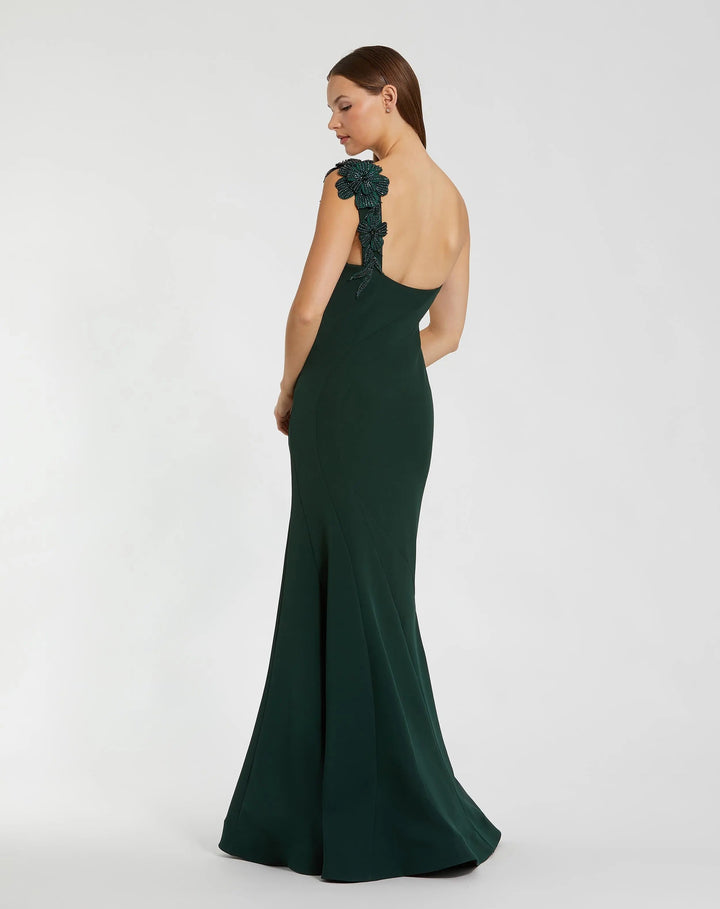 Mac Duggal 11851 Emerald Green One Shoulder Beaded Flower Mermaid Gown
