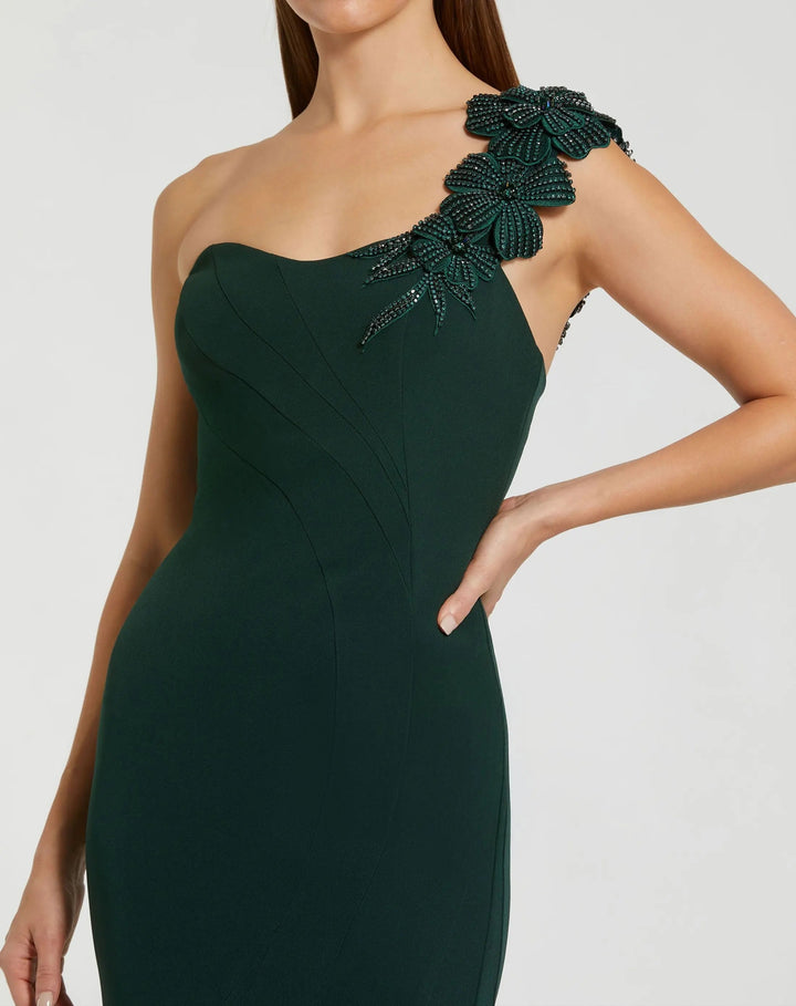 Mac Duggal 11851 Emerald Green One Shoulder Beaded Flower Mermaid Gown