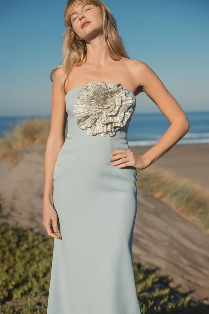 Mac Duggal 11855 Strapless Crepe Trumpet Gown with 3D Rhinestone Flower