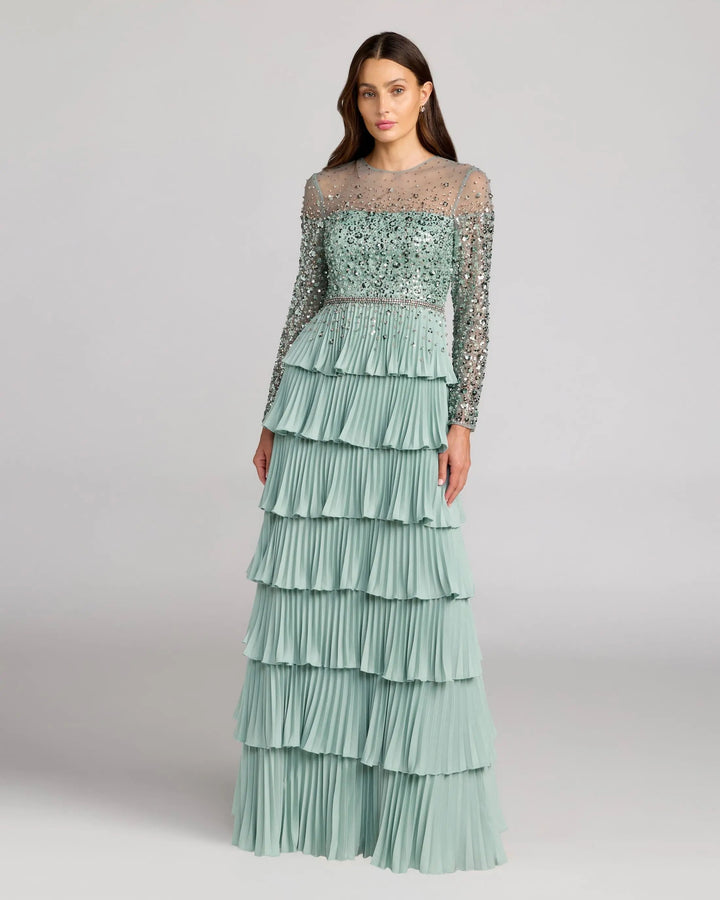 Mac Duggal 11903 Embellished Illusion Long Sleeve Ruffle Gown