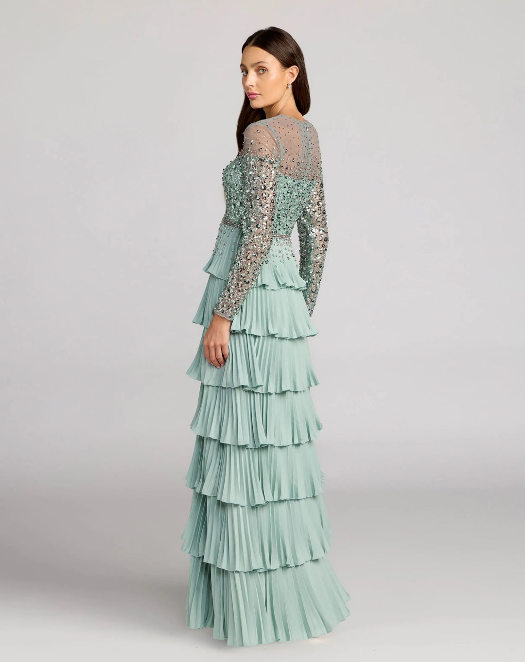 Mac Duggal 11903 Embellished Illusion Long Sleeve Ruffle Gown
