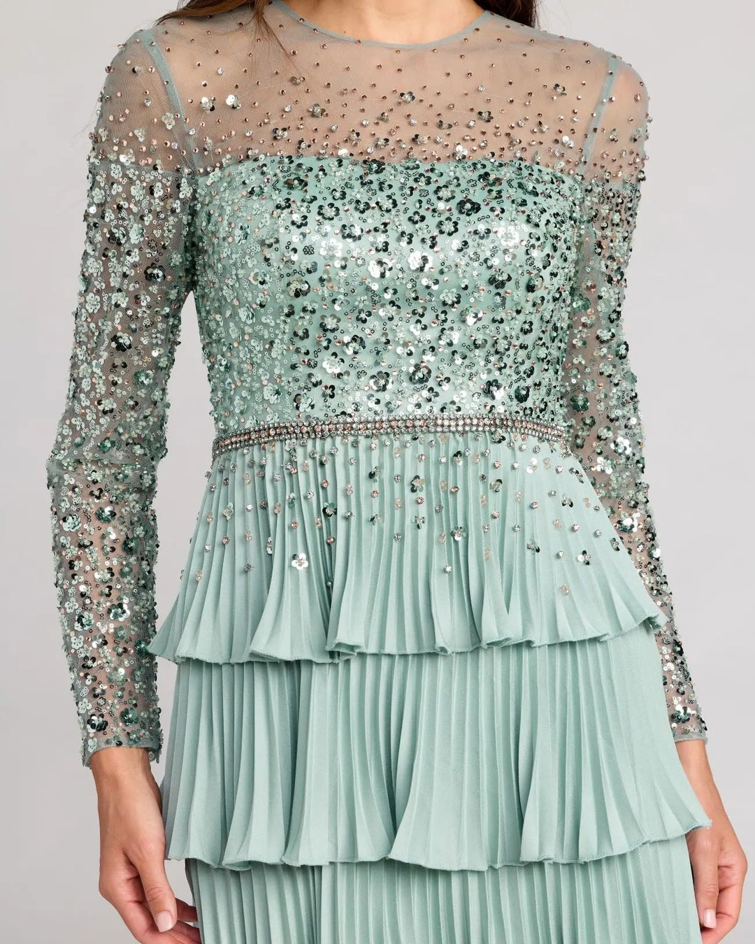 Mac Duggal 11903 Embellished Illusion Long Sleeve Ruffle Gown