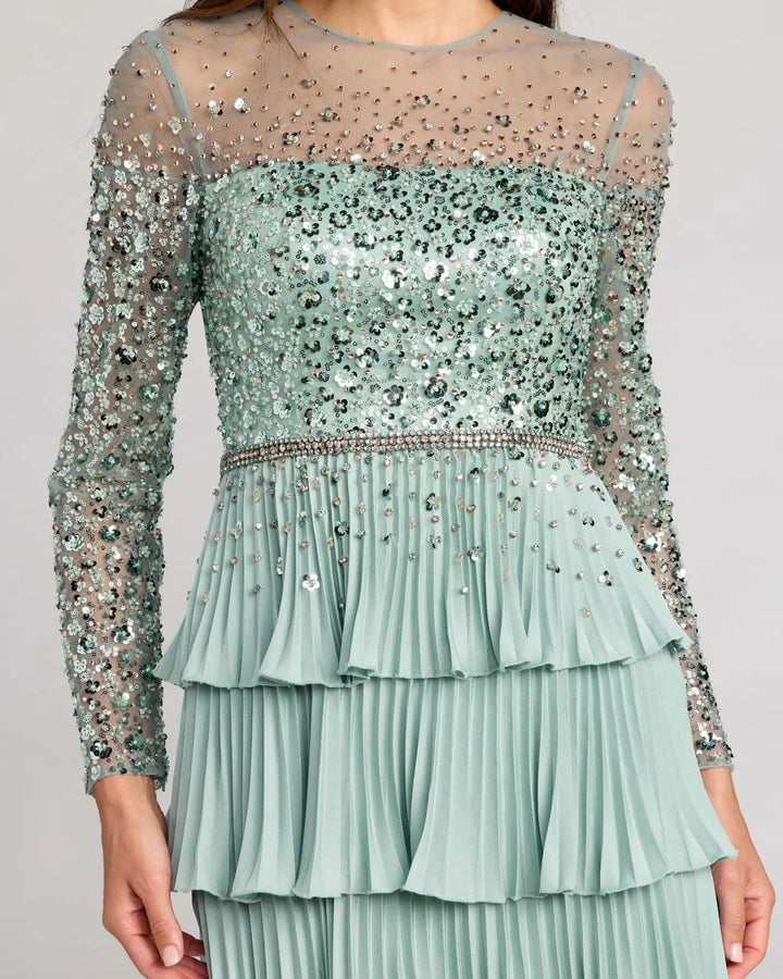 Mac Duggal 11903 Embellished Illusion Long Sleeve Ruffle Gown