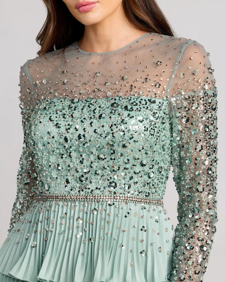 Mac Duggal 11903 Embellished Illusion Long Sleeve Ruffle Gown