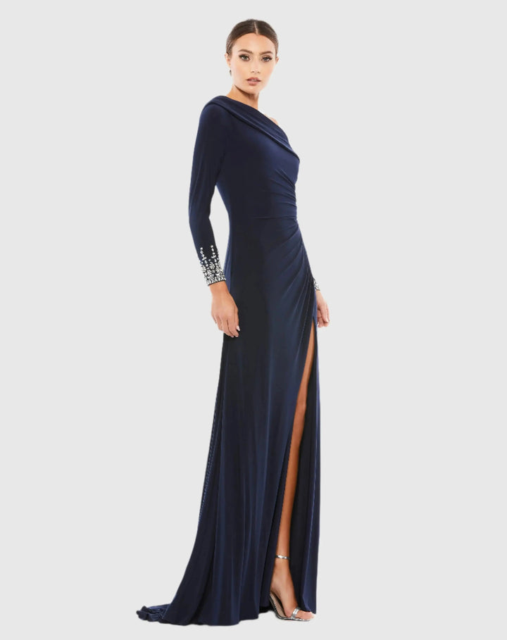 Mac Duggal 12231 Beaded Cuff Drop Shoulder Faux Wrap Gown