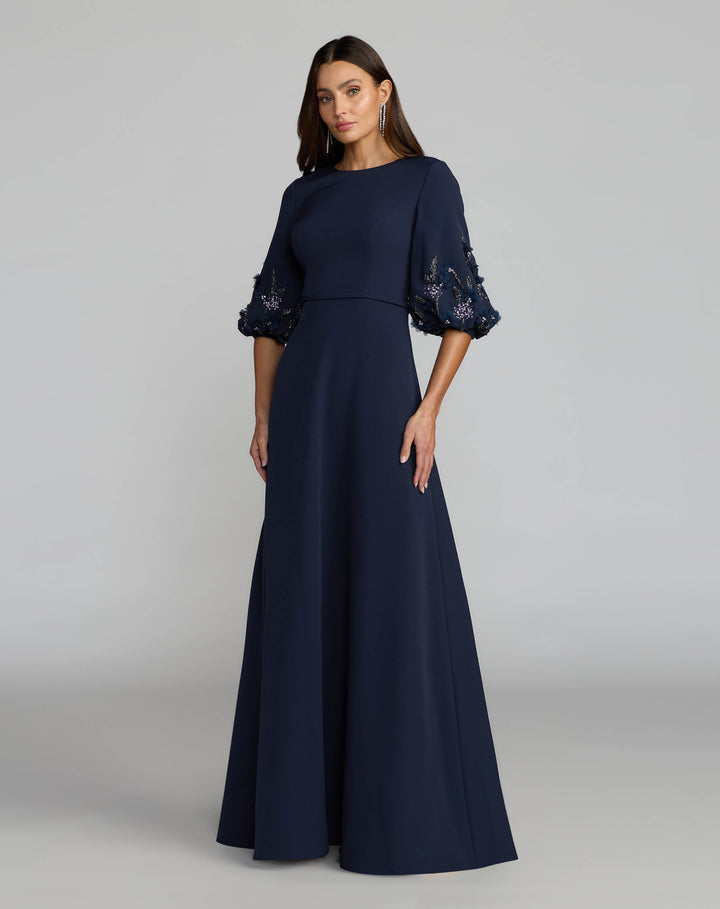 Mac Duggal 13230 Crepe A Line Gown with Embellished Puff Sleeves