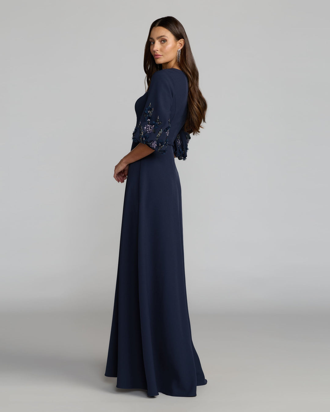 Mac Duggal 13230 Crepe A Line Gown with Embellished Puff Sleeves