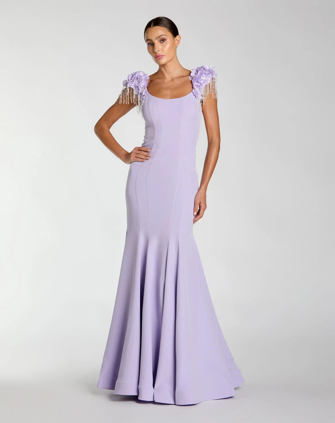 Purple Scoop Neck Mermaid Gown With Embellished Sleeves - FOSTANI.com