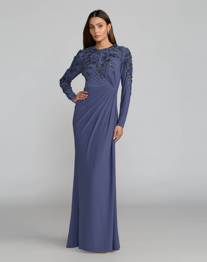 Mac Duggal 13246 High Neck Long Sleeve Beaded Jersey Gown