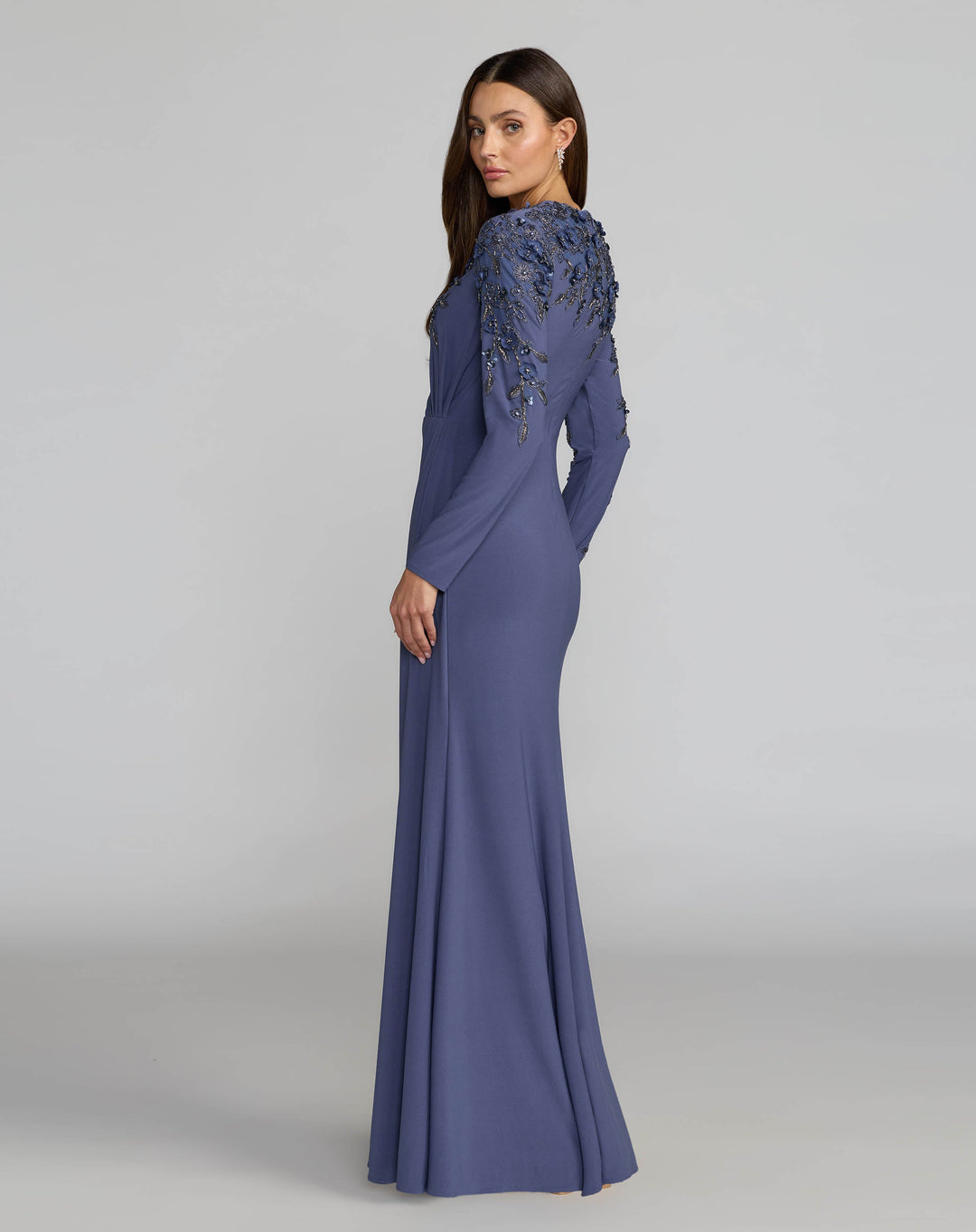 Mac Duggal 13246 High Neck Long Sleeve Beaded Jersey Gown