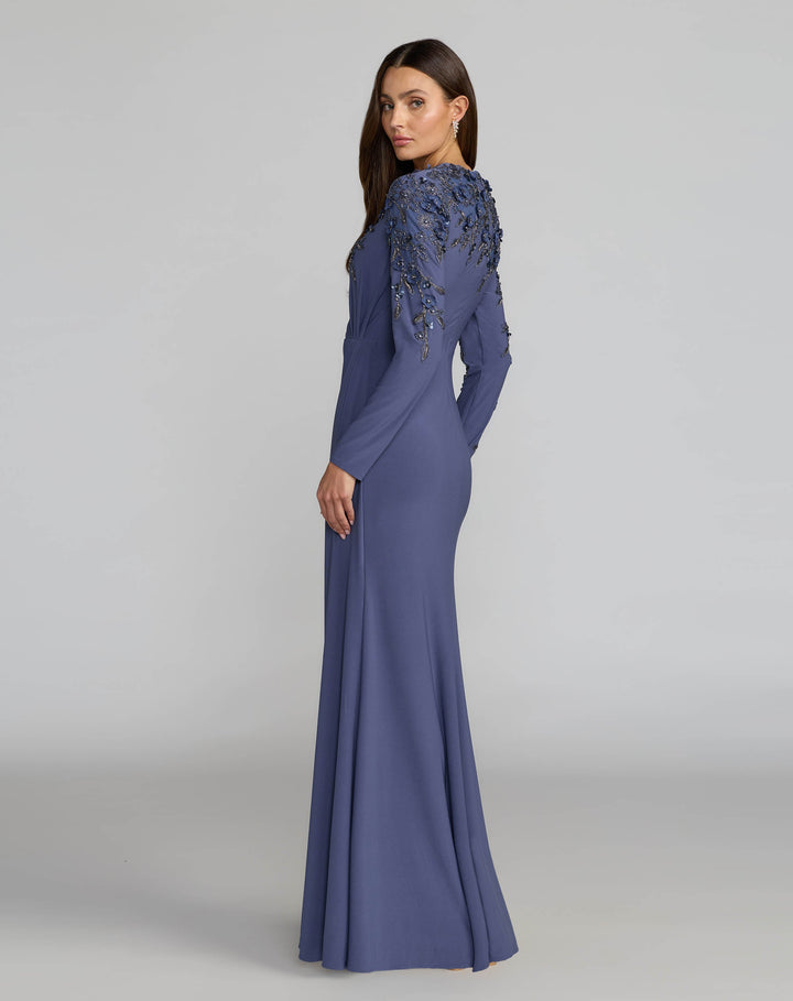 Mac Duggal 13246 High Neck Long Sleeve Beaded Jersey Gown