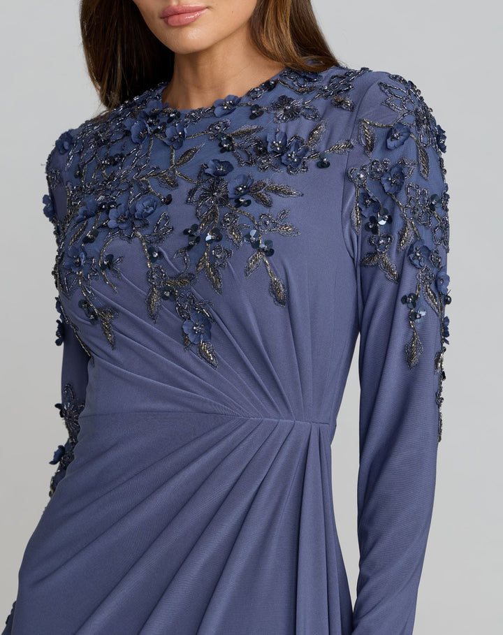 Mac Duggal 13246 High Neck Long Sleeve Beaded Jersey Gown