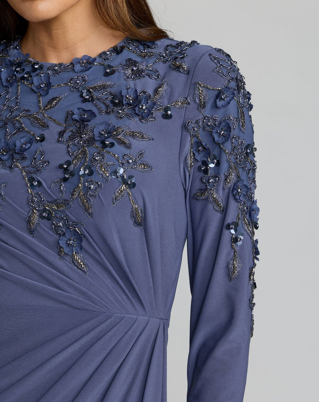 Mac Duggal 13246 High Neck Long Sleeve Beaded Jersey Gown