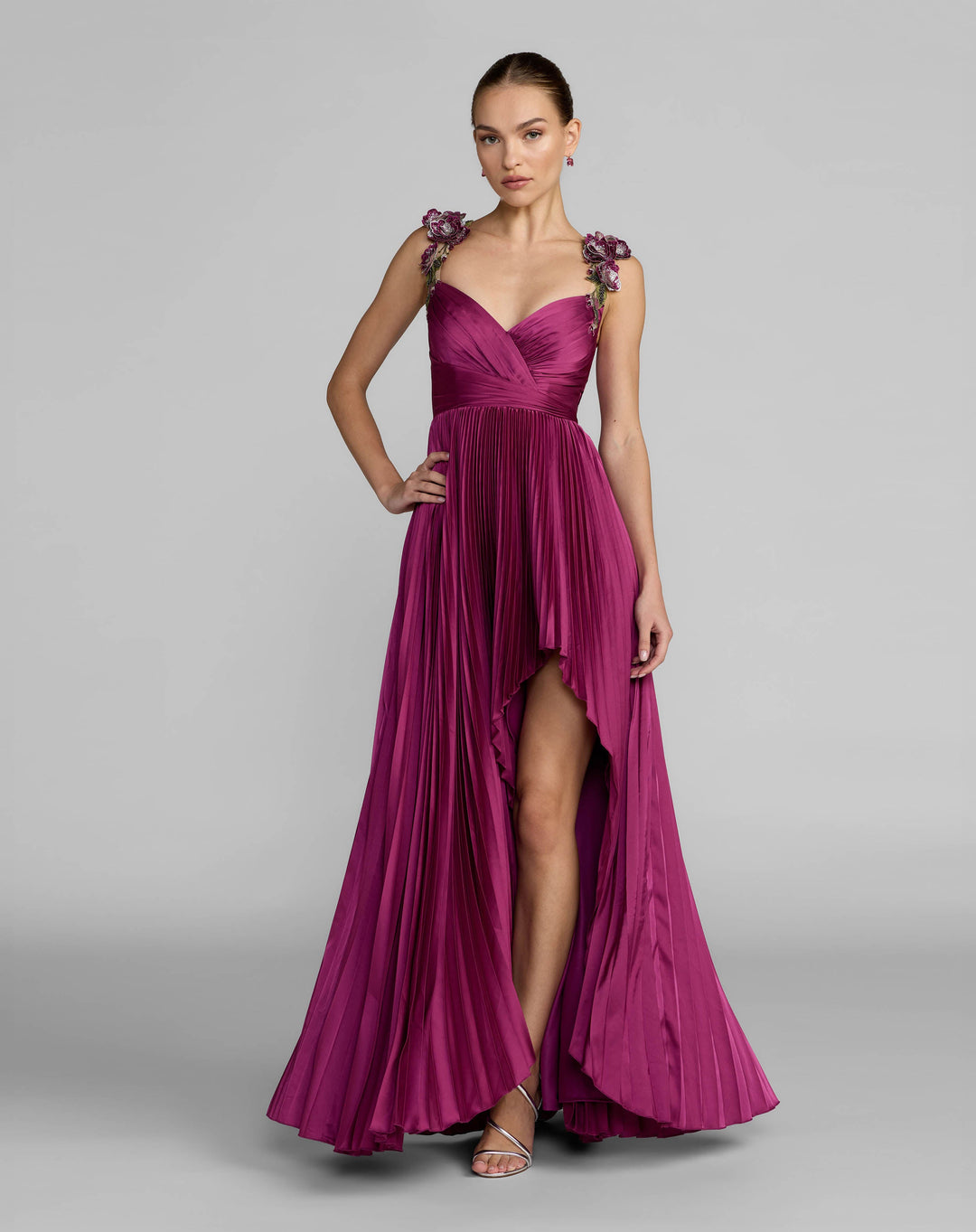 Mac Duggal 13263 Pleated High Low Gown With 3D Floral Straps