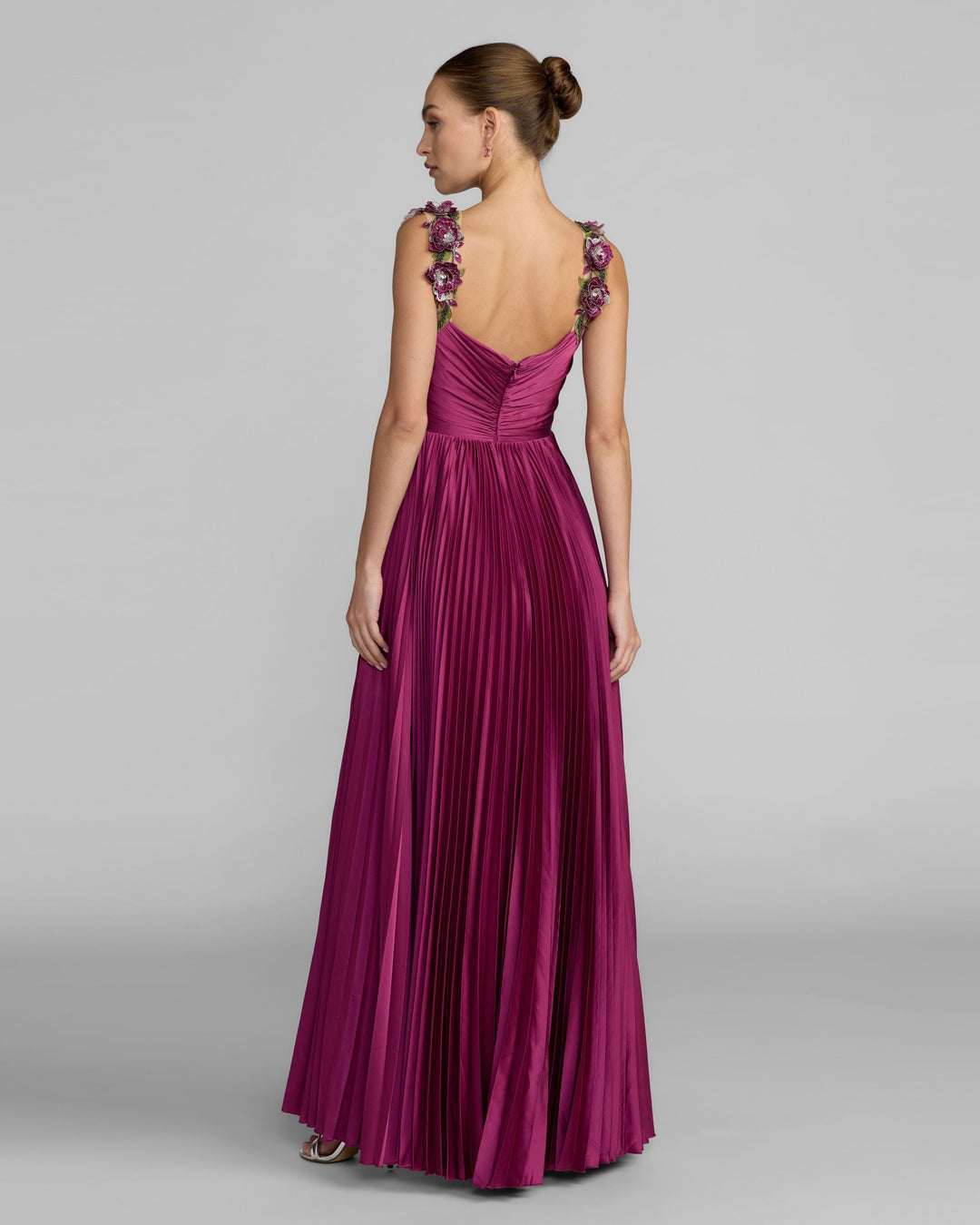 Mac Duggal 13263 Pleated High Low Gown With 3D Floral Straps