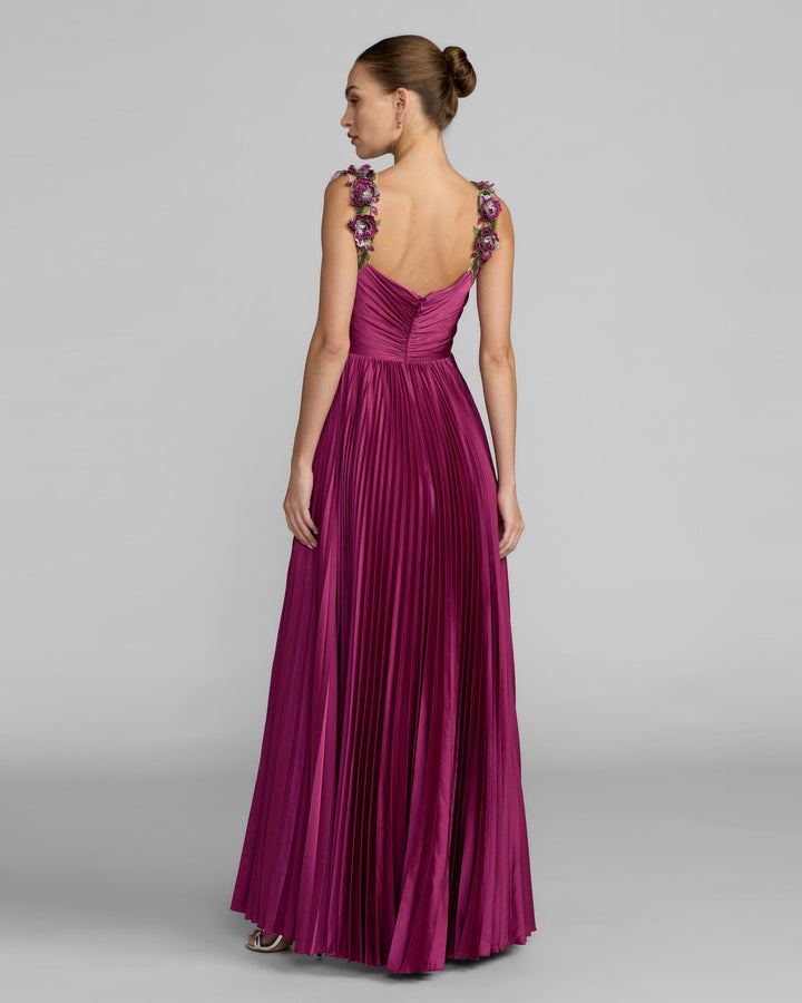 Mac Duggal 13263 Pleated High Low Gown With 3D Floral Straps