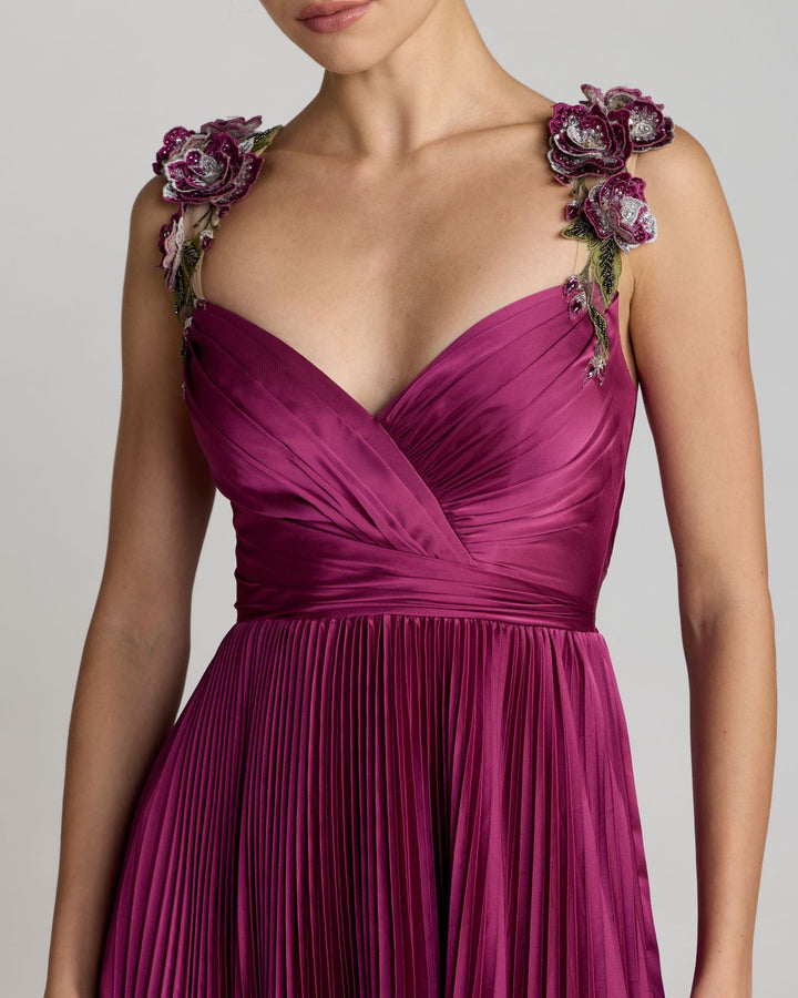 Mac Duggal 13263 Pleated High Low Gown With 3D Floral Straps
