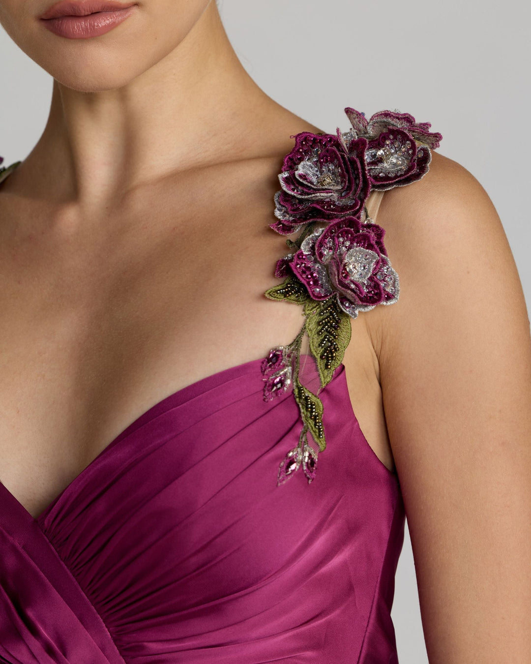 Mac Duggal 13263 Pleated High Low Gown With 3D Floral Straps