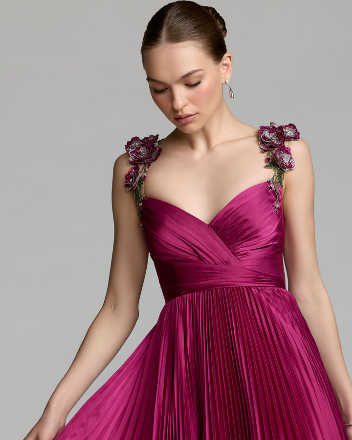 Mac Duggal 13263 Pleated High Low Gown With 3D Floral Straps