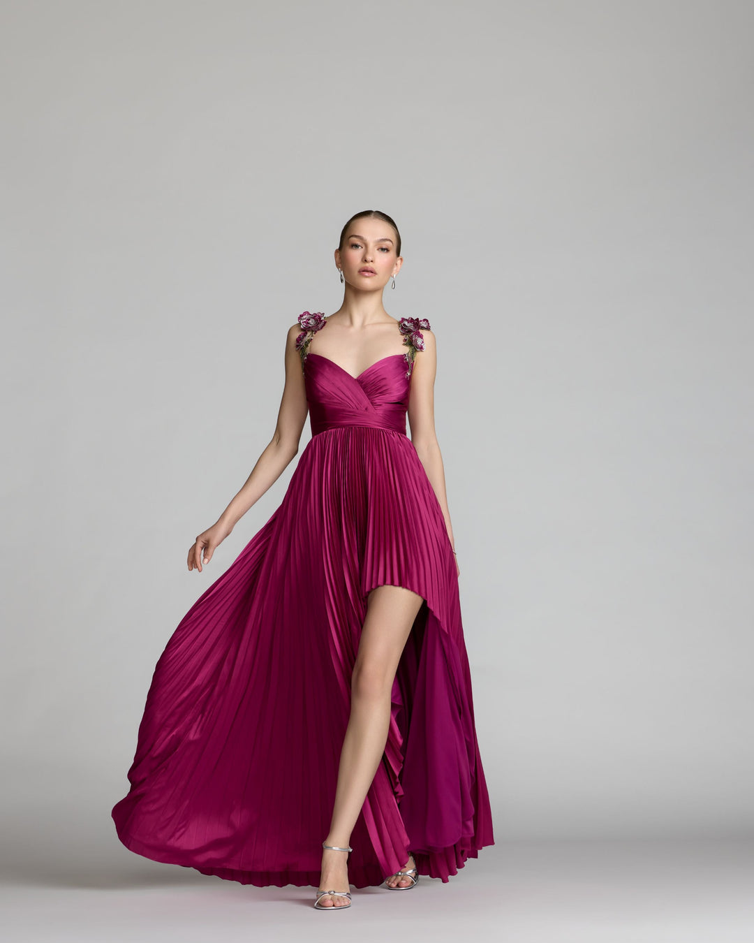 Mac Duggal 13263 Pleated High Low Gown With 3D Floral Straps