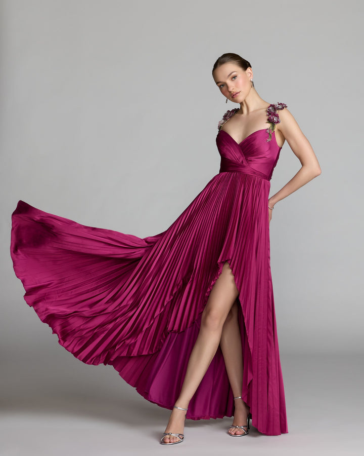 Mac Duggal 13263 Pleated High Low Gown With 3D Floral Straps