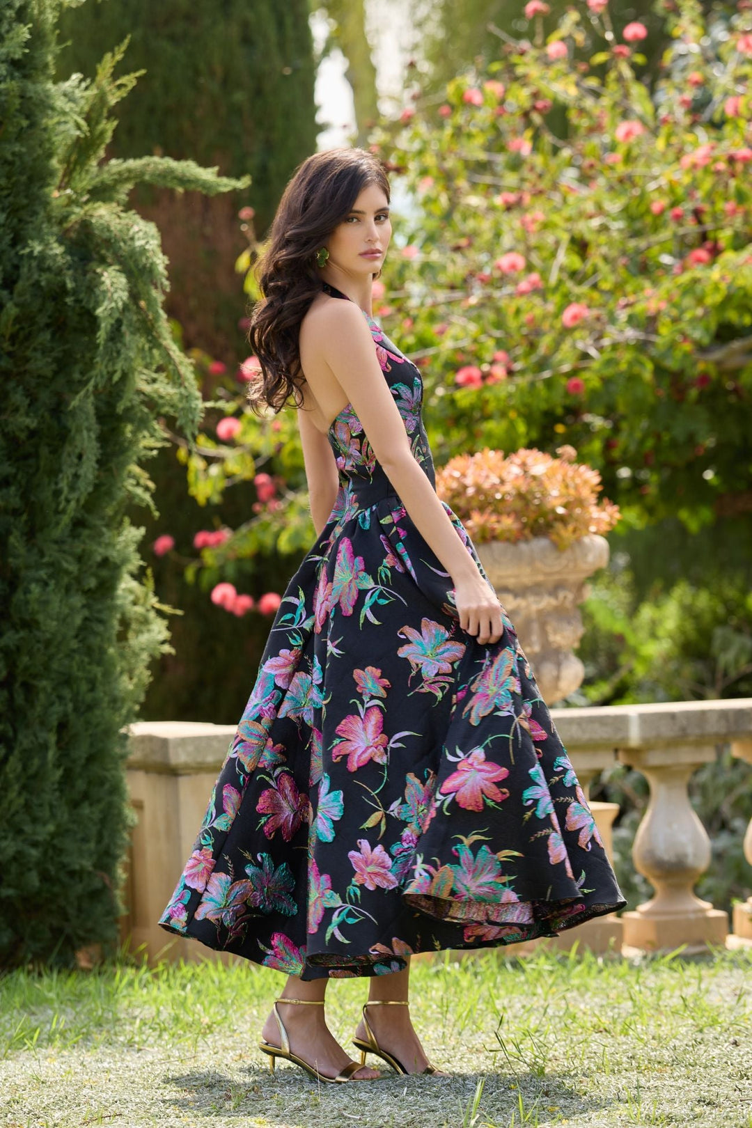 Mac Duggal 13297 Brocade Halter Neck Open Back Midi Dress
